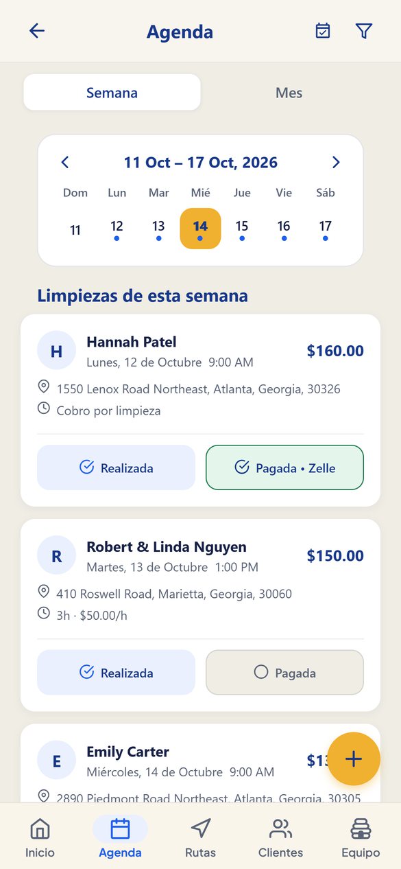 Vista por semana o mes. Marca cada trabajo hecho y pagado con un toque.