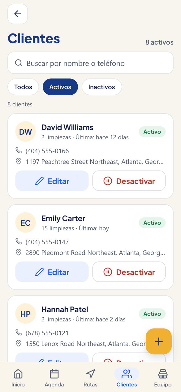 Cada cliente, tarifa y dirección en una lista con búsqueda.