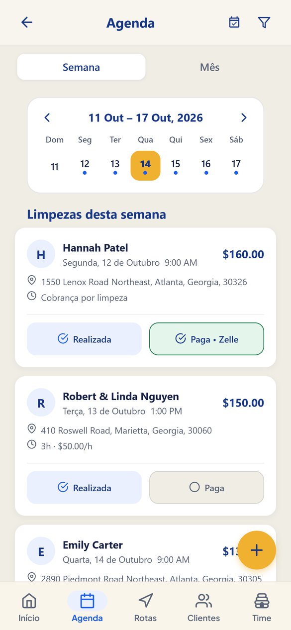 Visão por semana ou mês. Marque cada serviço feito e pago num toque.