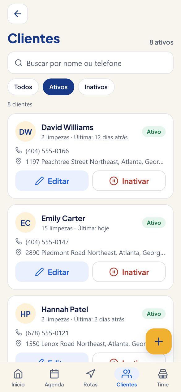 Cada cliente, valor e endereço numa lista com busca.