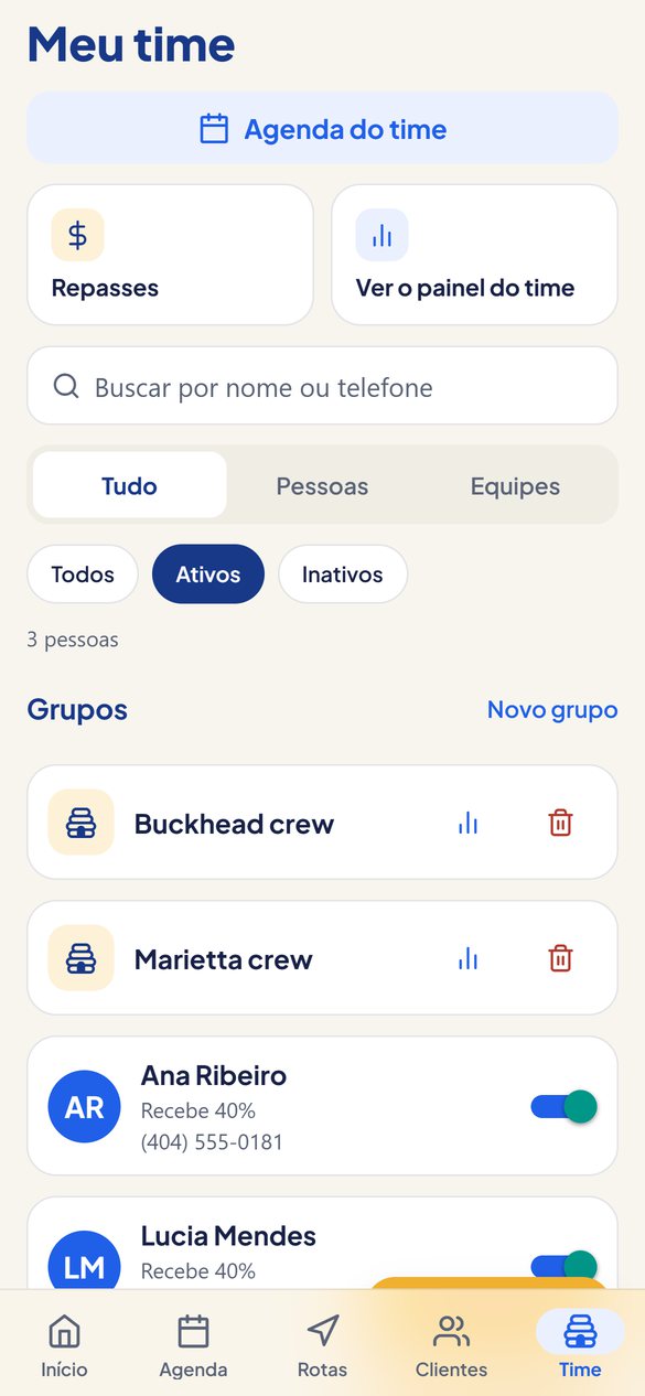 Sua equipe e seus grupos, os repasses e o painel do time numa aba só.